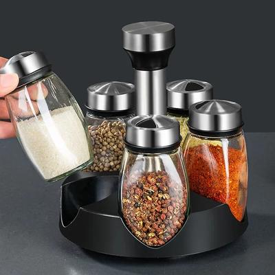 1/6pcs Spice Jar Set Rack Glass Organizer Rotating Glass Seasoning Sugar Pepper Bottles Salt Shakers Holder Kitchen Storage Rack
