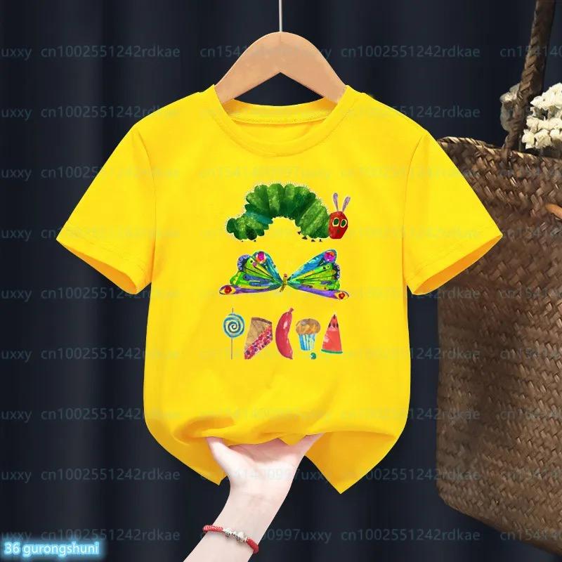 Newly Kids T-Shirt Funny The Very Hungry Caterpillar Cartoon Print Tshirts For Boys Summer Cute Boys/Girls Yellow Tshirt Top S