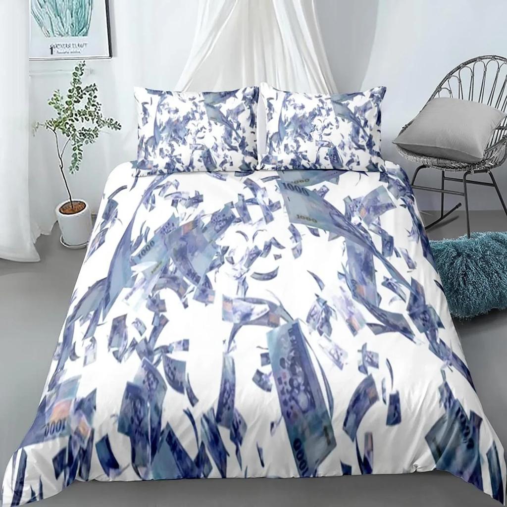 Dollar Duvet Cover Set, Art Blue Printing Money 3 Piece Bedding Set Queen/King/Full/Twin Size Quilt Cover for Boys Teens Girls
