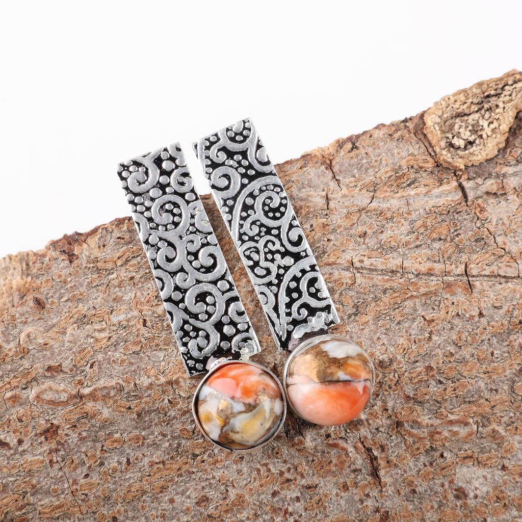 Kolczyki z muszli w kolorze miedzianego pomarańczu, Biżuteria z kamieniami szlachetnymi ze srebra próby 925, Ręcznie robione kolczyki, Niesamowita biżuteria, Prezent dla niej