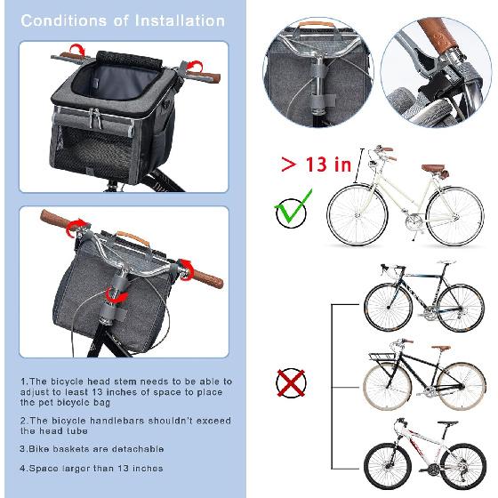 Dog Bike Basket, Soft-Sided Dog Bike Carrier with 4 Mesh Windows for Small Dog Cat Puppies - Grey