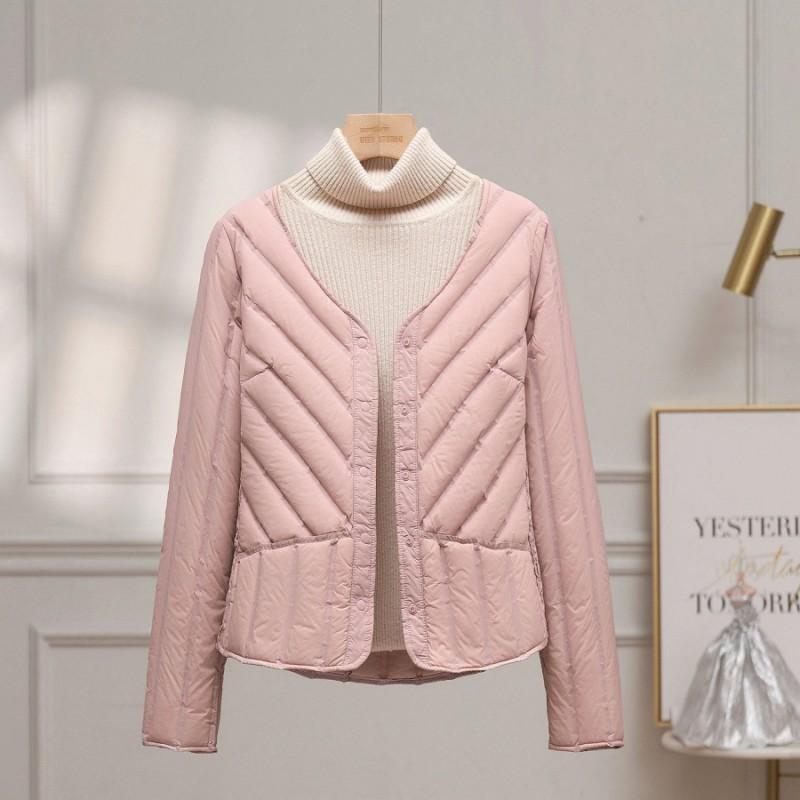 Womens Lightweight 90% Duck Down Puffer Jacket Short V-Neck Slim Fit Winter 2025