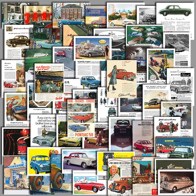

50pcs Retro Car Cartoon Stickers for Suitcases, Laptops, and Photo Albums - Waterproof
