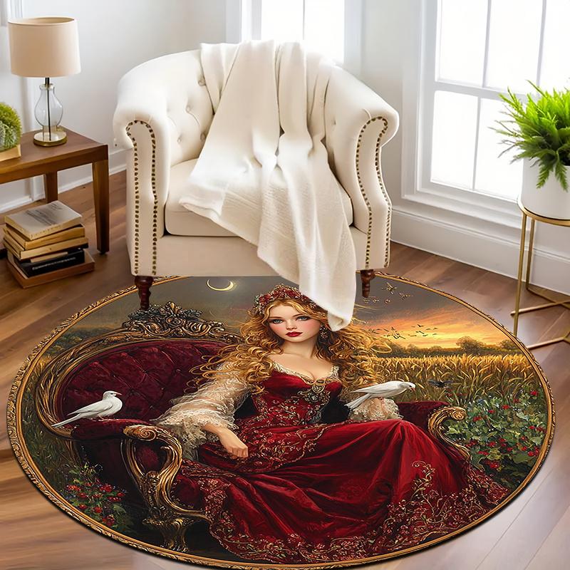 Art Artistic Style Woman and Doves in Countryside Print Round Area Rug for Entryway and Home Decor