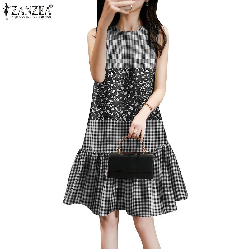 ZANZEA Women Floral Print Patchwork Summer Sleeveless Plaid Dress