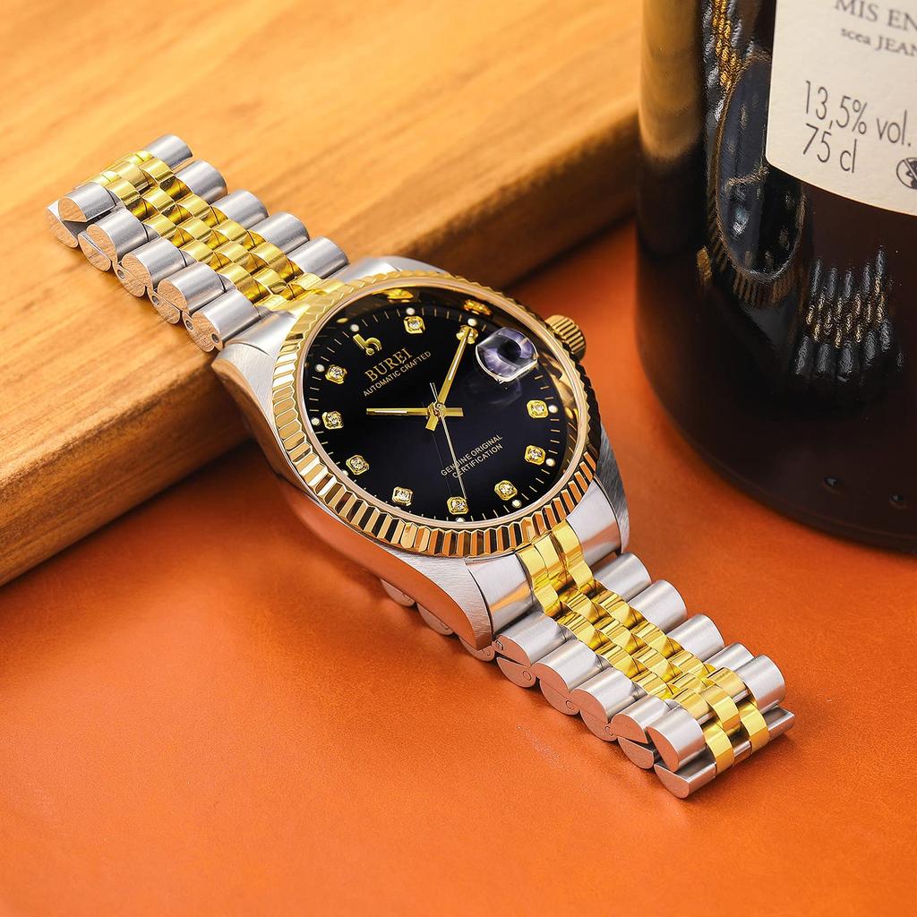 [BUREI] Men's Watch, Automatic, Waterproof, Stylish, Analog, Gentleman, Date, Mechanical, Popular, Men's, Branded, Simple, Casual, Gold, Black,
