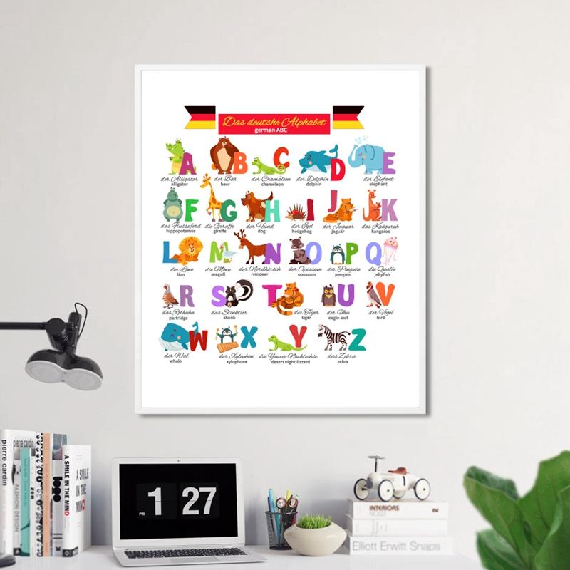 Deutsches Alphabet mit Tieren Kinderzimmer Wandkunst Leinwandmalerei Bildungsposter Fremdsprachenstudium Druck Kinderzimmer Kunstdekor