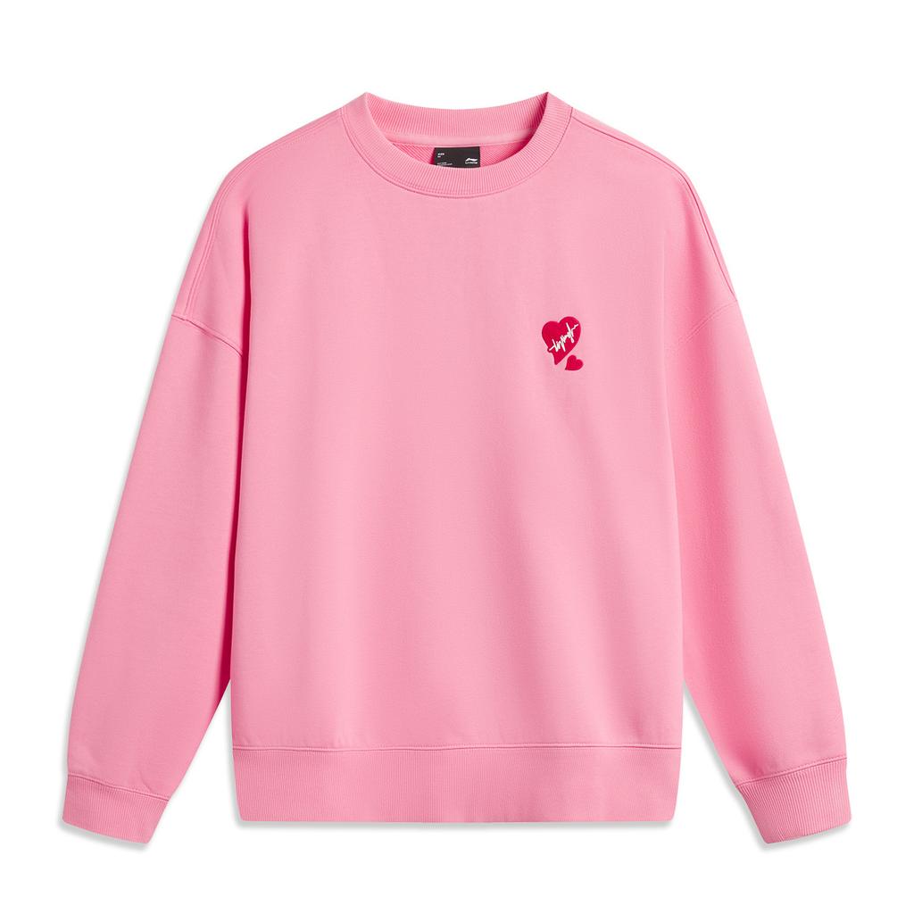 Li Ning Sports Fashion Series Heart Comfortable Casual Round Neck Loose Sweatshirt Women Sweatshirt Morning-Light-Pink AWDU790-8