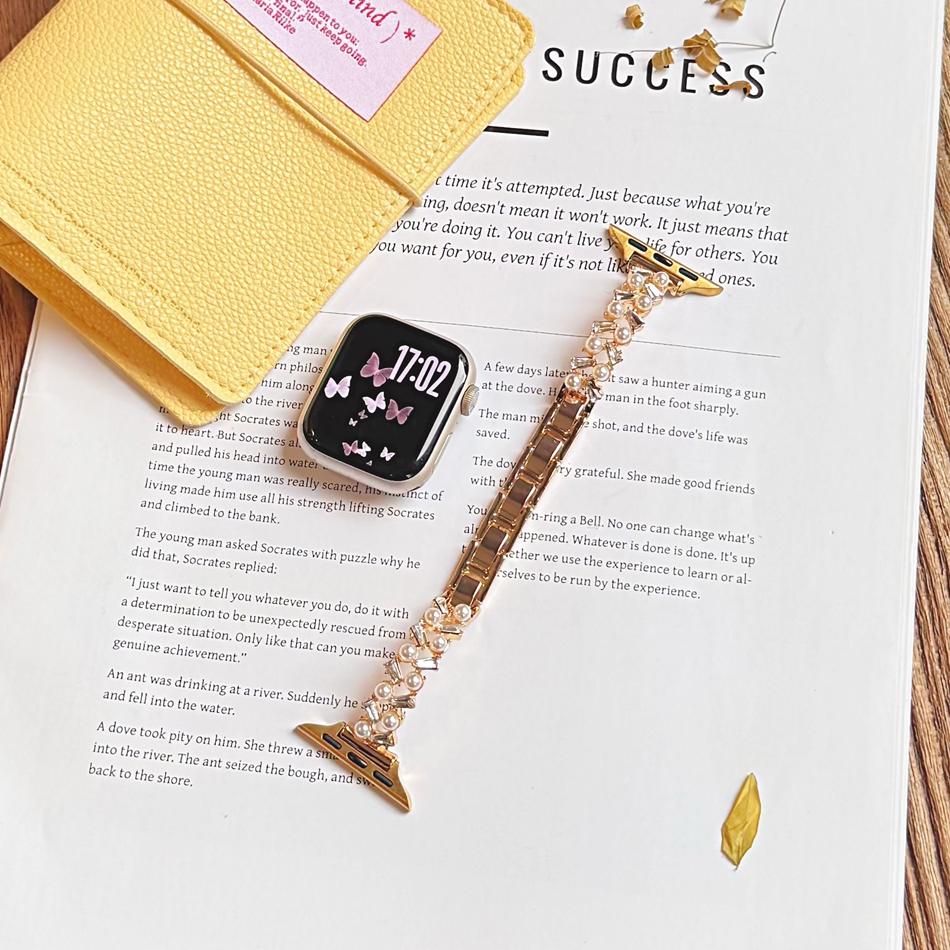 Pearls Diamond Interlaced Bracelet Metal Strap For Apple Watch Band  S11/10/9/8/7/6/5/SE/Ultra iWatch 49/46/45/44/42/41/40/38mm 38 40 41(S11 10)42MM