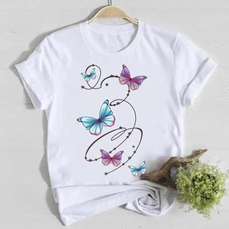 Butterfly Cute Sweet Lovely Casual Tee Top Short Sleeve Shirt Lady Clothes Fashion Tshirt Summer Female T Women Graphic T-shirts
