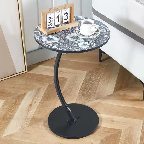C-shaped Side Table with Floral Tabletop Metal Frame Office Living Room Bedroom