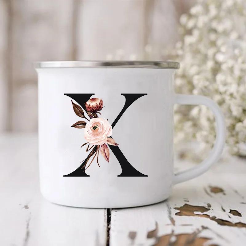 Initial Letter Print Mugs Enamel Creative Coffee Cups Drinks Wine Juice Milk Cup Vintage Home Office Handle Drinkware Best Gifts