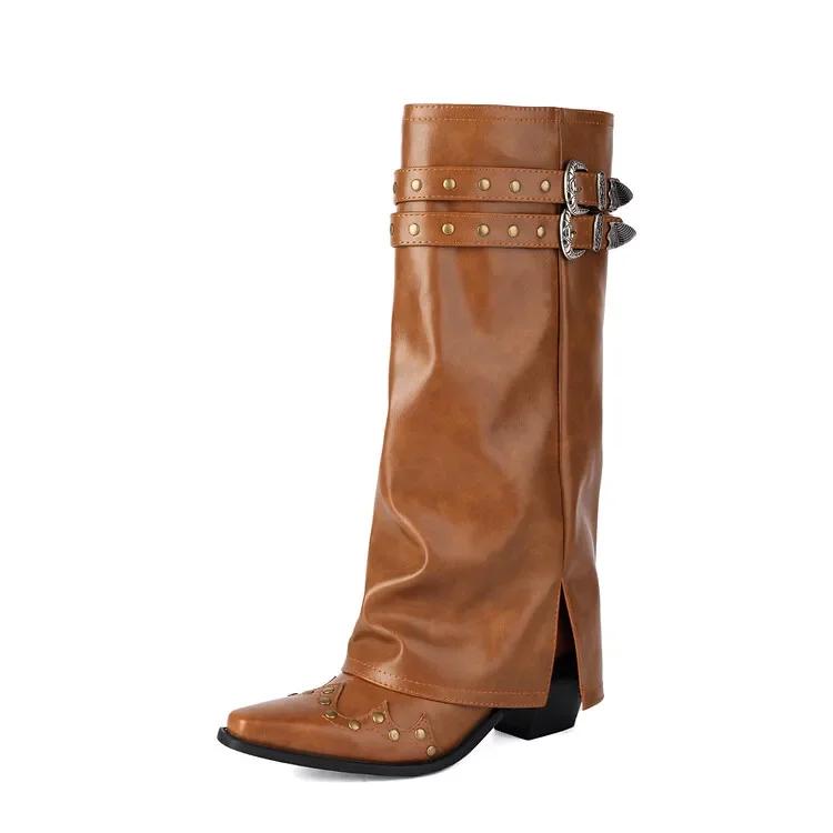 Fashion Metal Rivet Belt Buckle Western Cowboy Knee High Boots Fashion Square Headed Knight Boots Shiny Cool Spicy Girl Motorcycle Boots