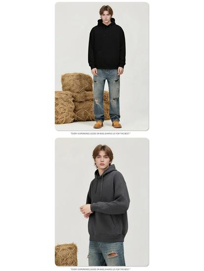 Men's Casual Thick Terry Cloth Hoodie: Heavyweight Pure Cotton Sweatshirt - Loose Fit, Solid Color, American Style for Autumn/Winter.