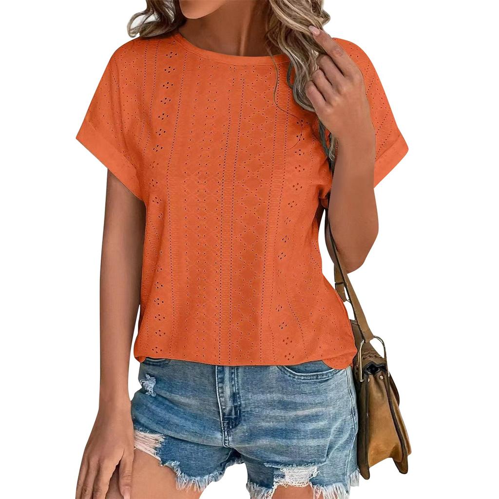 Women's Fashion Solid Color Round Neck Loose Short Sleeved Pullover T-shirt Top