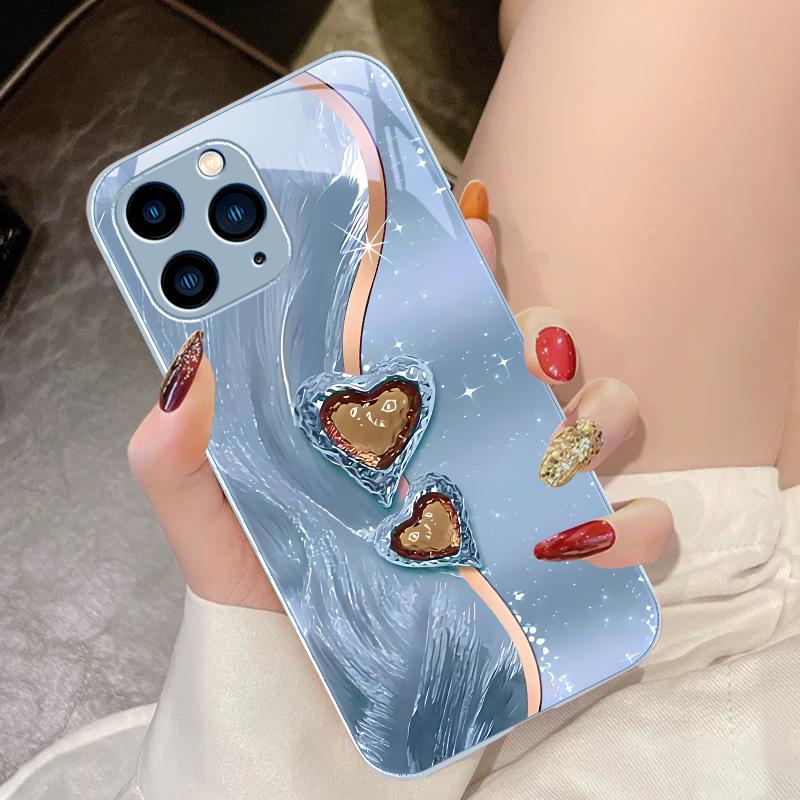 Amber Double Love Für IPhone 16 Pro Max 15 Pro 14 13 12 Mini 11 XS Max XR 7 8 Plu SE 2022 Hartglas Handyhülle
