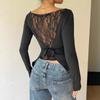 Women's Lace Patchwork Back Bow Irregular Blouse Women Slim Fit Long Sleeved Shirt Black Sexy Short Top Fashion Elegant Spring Summer Street Clothing