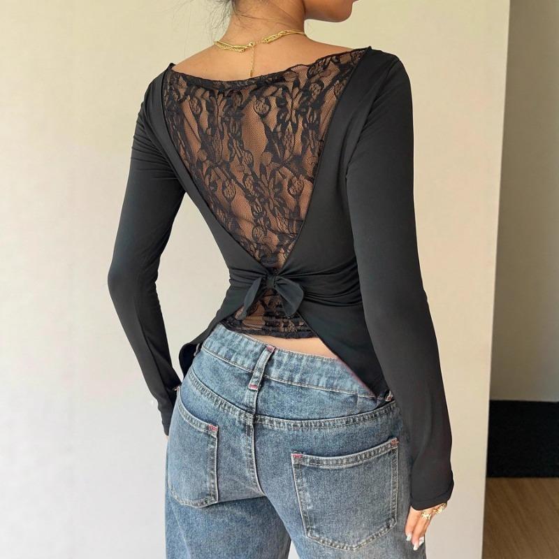 Women's Lace Patchwork Back Bow Irregular Blouse Women Slim Fit Long Sleeved Shirt Black Sexy Short Top Fashion Elegant Spring Summer Street Clothing
