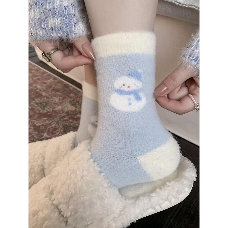 Australische Wollsocken für Damenwinter, Verdickte und warme Wadenlange Socken, Niedliche Cartoon-Schneemann-Schlafsocken, Hausbodensocken