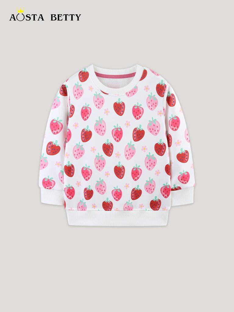New Autumn Girls' Strawberry Pattern Hoodie, Round Neck Pullover, Kids' Cute Clothing