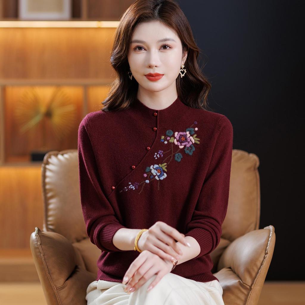 Elegant 100% Wool Embroidered Sweater - Women's Autumn/Winter Half-High Neck Top