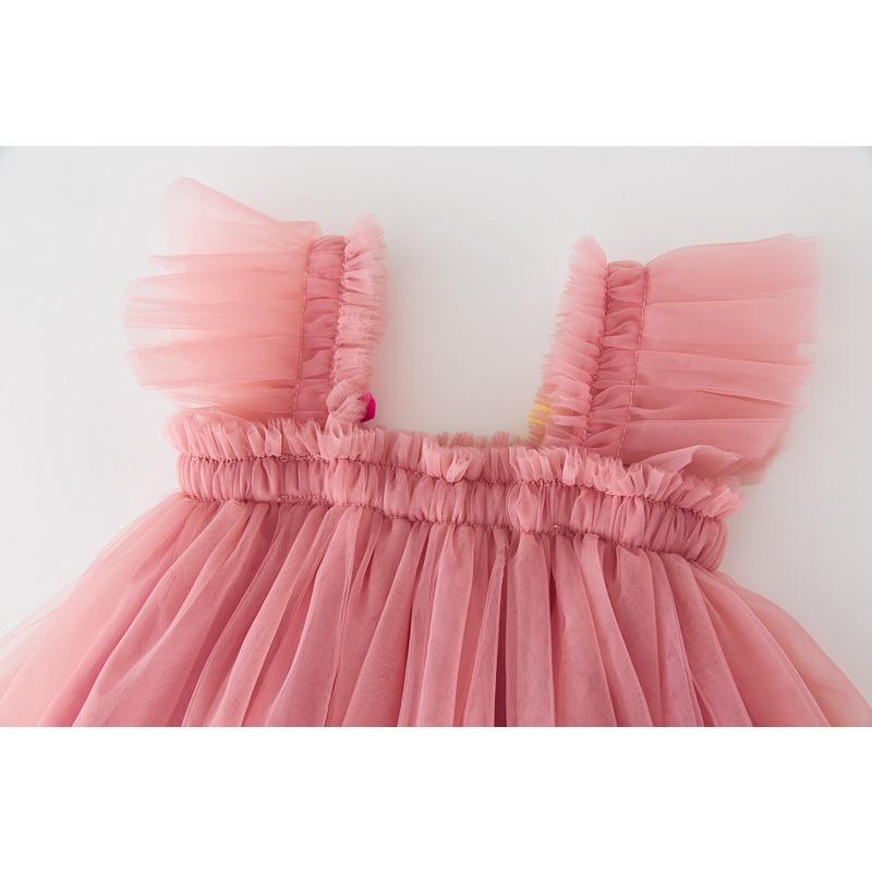 Children's New Children's Dress Three-dimensional Flower Flying Sleeve Dress Flower Child Mesh Shaggy Dress Girls Slip Dress