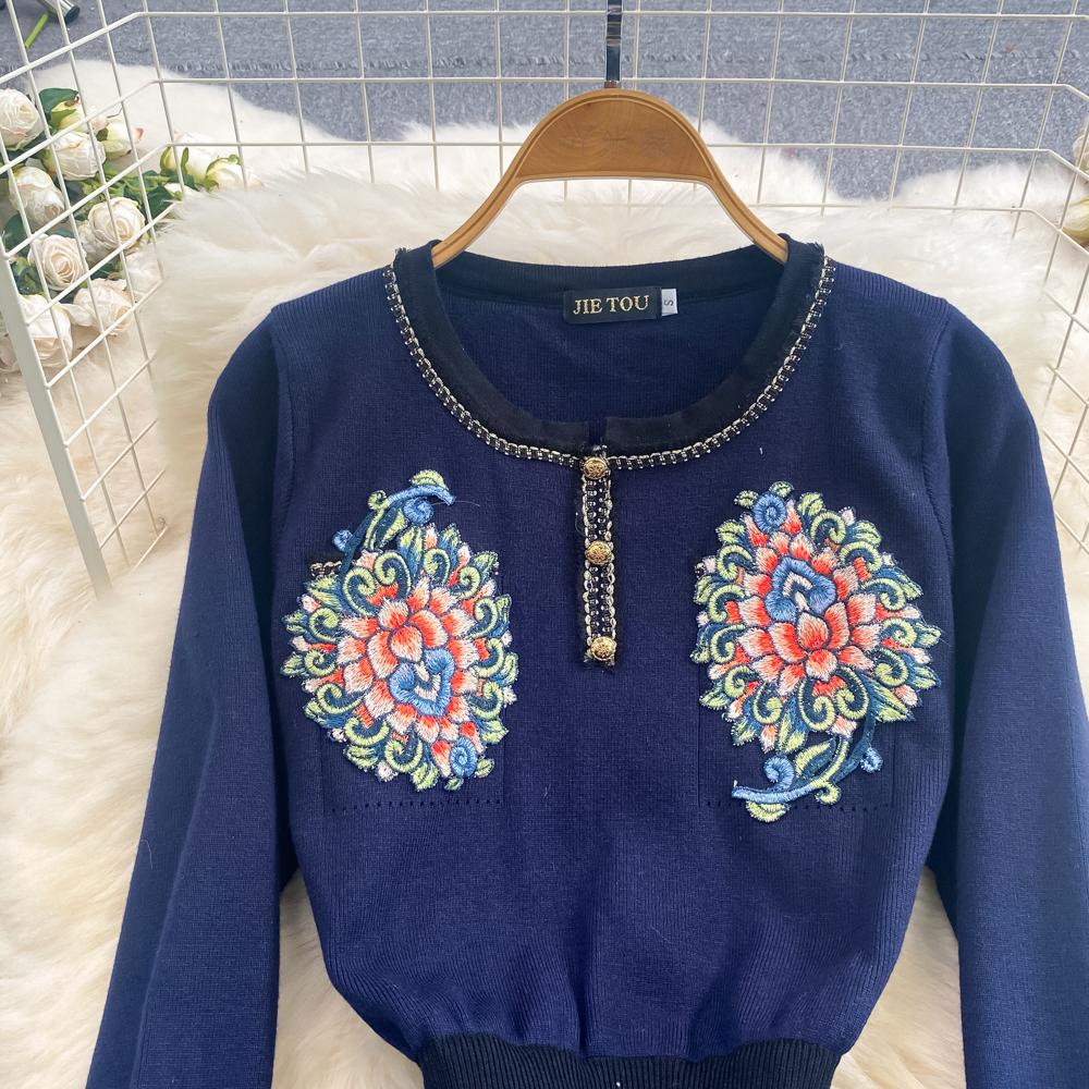 Høst Vinterklær Temperament Langermet Broderi Blomsterstrikket Mellomlang Kjole Uformell Spleising Mesh One Piece Dress