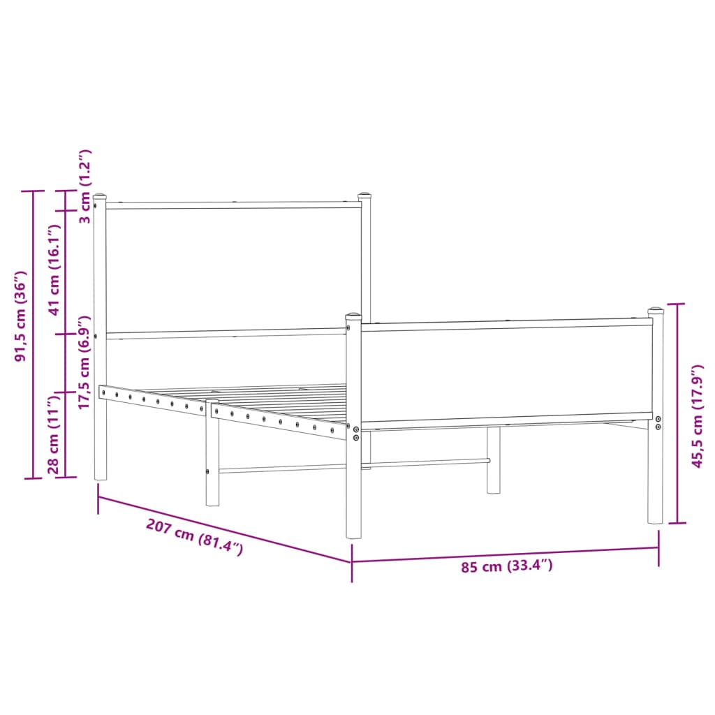 Metal Bed Frame without Mattress Smoked Oak Finish 80 x 200 cm