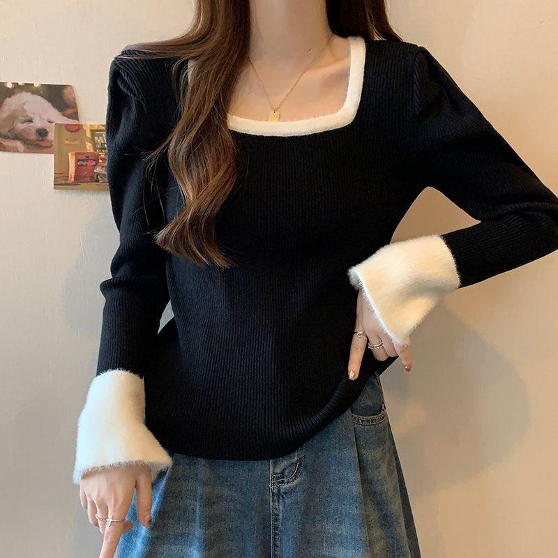 Dámský úzký pletený svetr s barevnými bloky - francouzský čtvercový výstřih, trendy krátký top na podzim/zimu