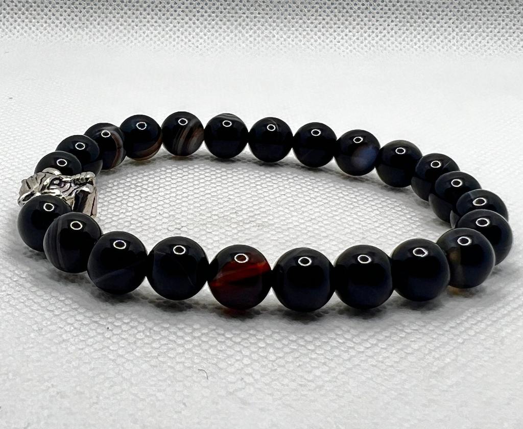 Schwarzes Perlenarmband mit silbernem Tigerkopf | Stilvoller Schutzschmuck für Männer Kristallheilung | Handgefertigtes Unisex-Design | Geschenk für Männer und Frauen