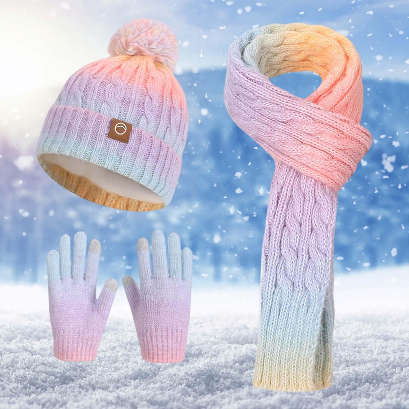 

Children s Hat, Scarf And Gloves Three-piece Set: Winter Outdoor Fleece-lined Warm Ear-protecting Pom-pom Pullover Knitted Wool Hat One Size