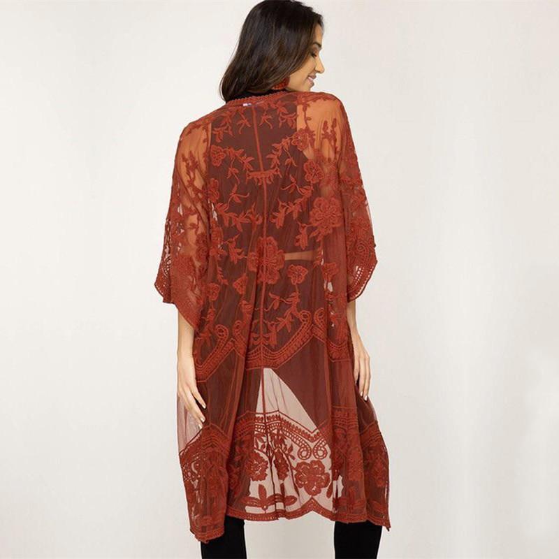 Summer New Lace Bikini Cover Up Sexy Sheer Mesh Embroidered Elegant Dress Casual Beach Cardigan Women Swimwear Cover Up Q894