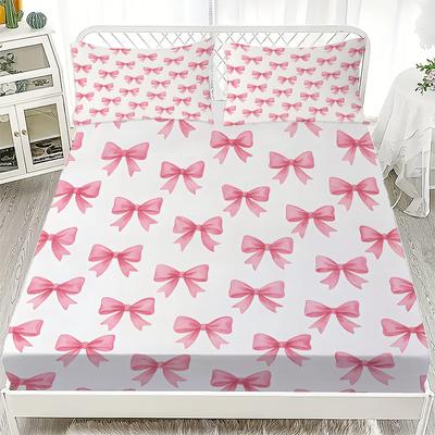 Conjunto de Cama 3D Personalizado Laço Rosa Lençol de Elástico Conjunto de Cama Estilo Adorável Amigo da Pele Adequado para Quartos Femininos