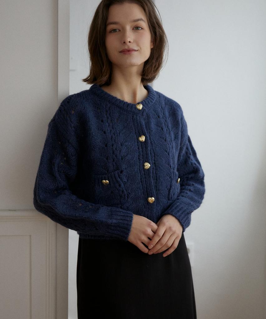 Wioe Heart Button Crochet Cardigan_Navy