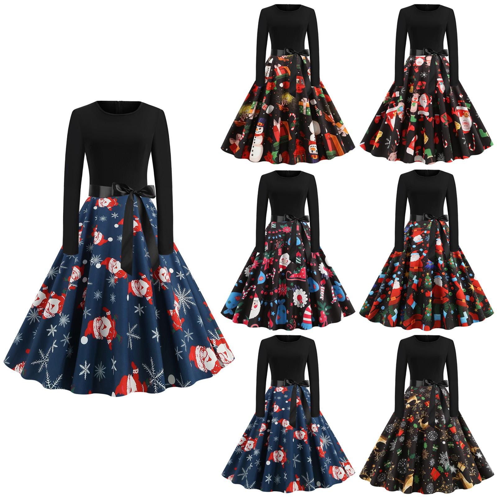 

Женское модное ретро-рождественское платье с длинными рукавами и большим распашным принтом