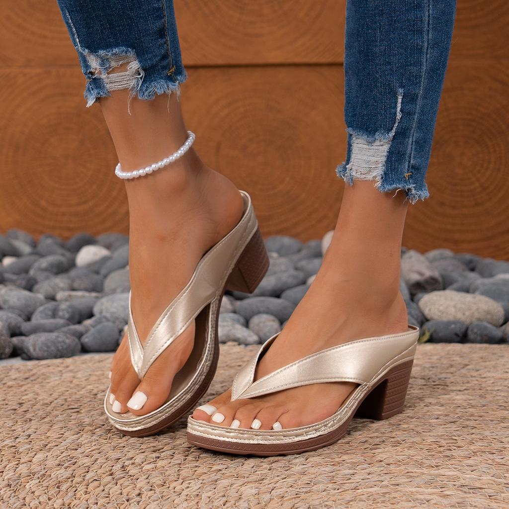 Fashion Women Sandals High Quality Summer Sandals Woman Solid Color Mid Heel High Heels Shoes Women Open Toe Flip Flops Sandals Female