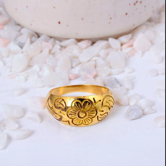 Engraved Gold Plated Dome Ring | Intricate Floral Band Ring | Vintage Style Brass Statement Jewelry for Women