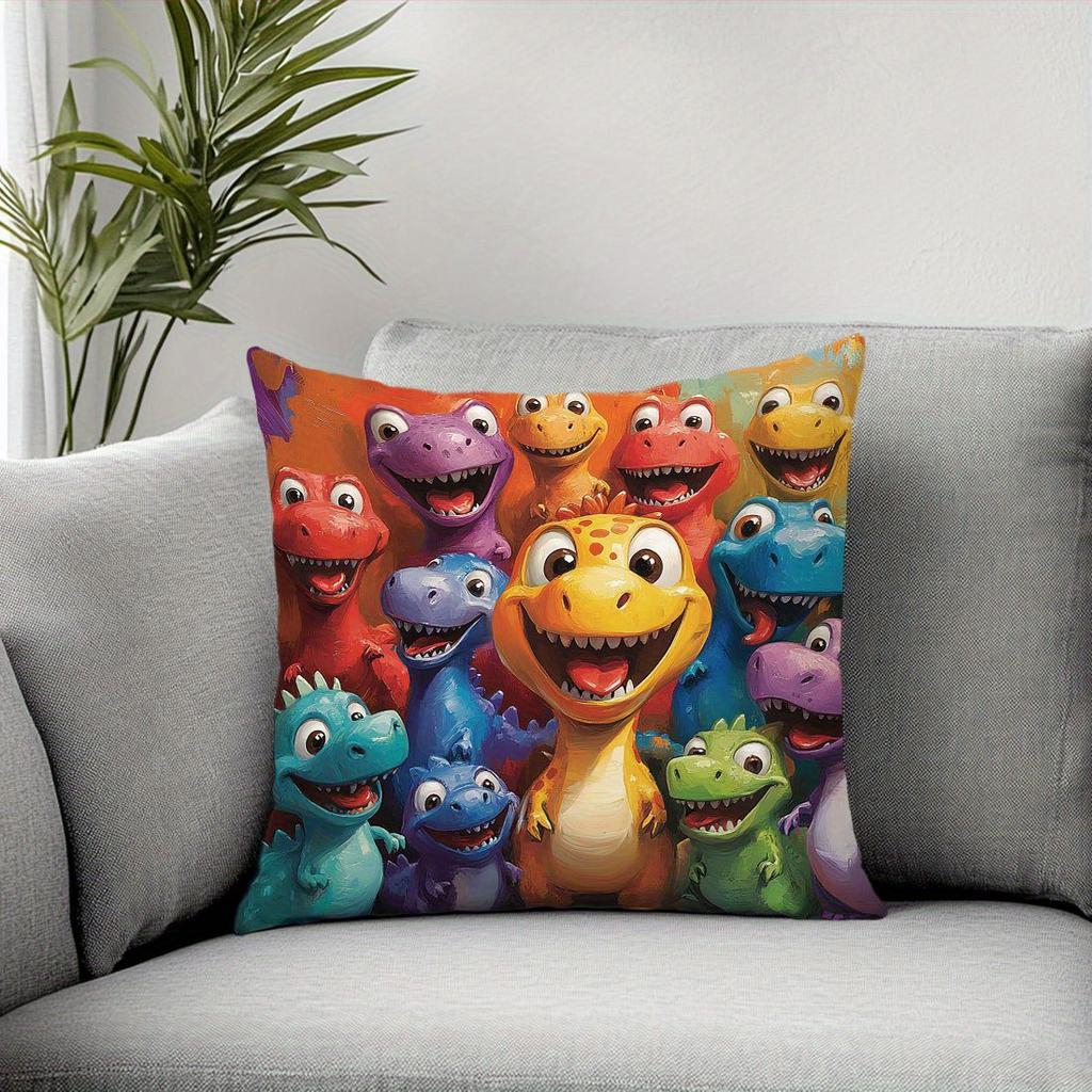 1 pièce Housse de coussin décorative imprimée sur le thème de la famille de dinosaures colorés de dessin animé, Convient pour canapé, chambre à coucher, salon, un cadeau amusant pour les enfants