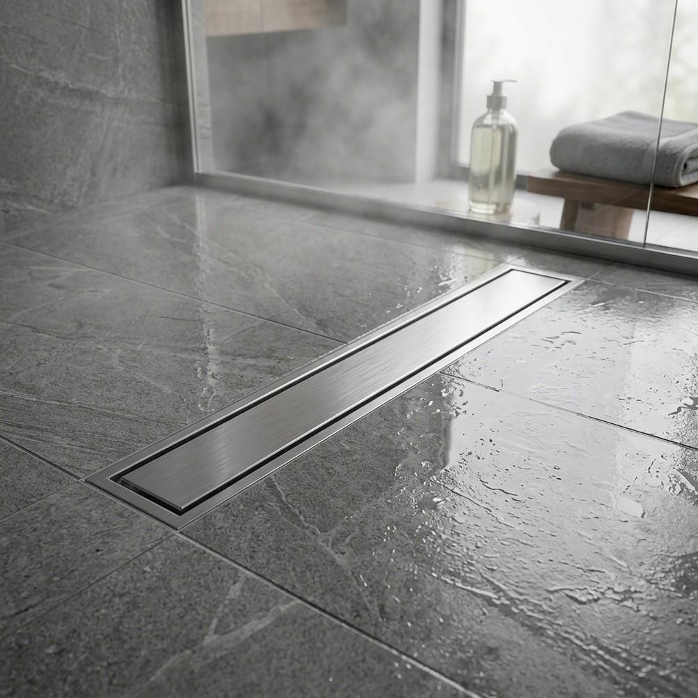 Stainless Steel Shower Drain with Brushed Finish for Areas Featuring Flat and Efficient Water Performance Stainless