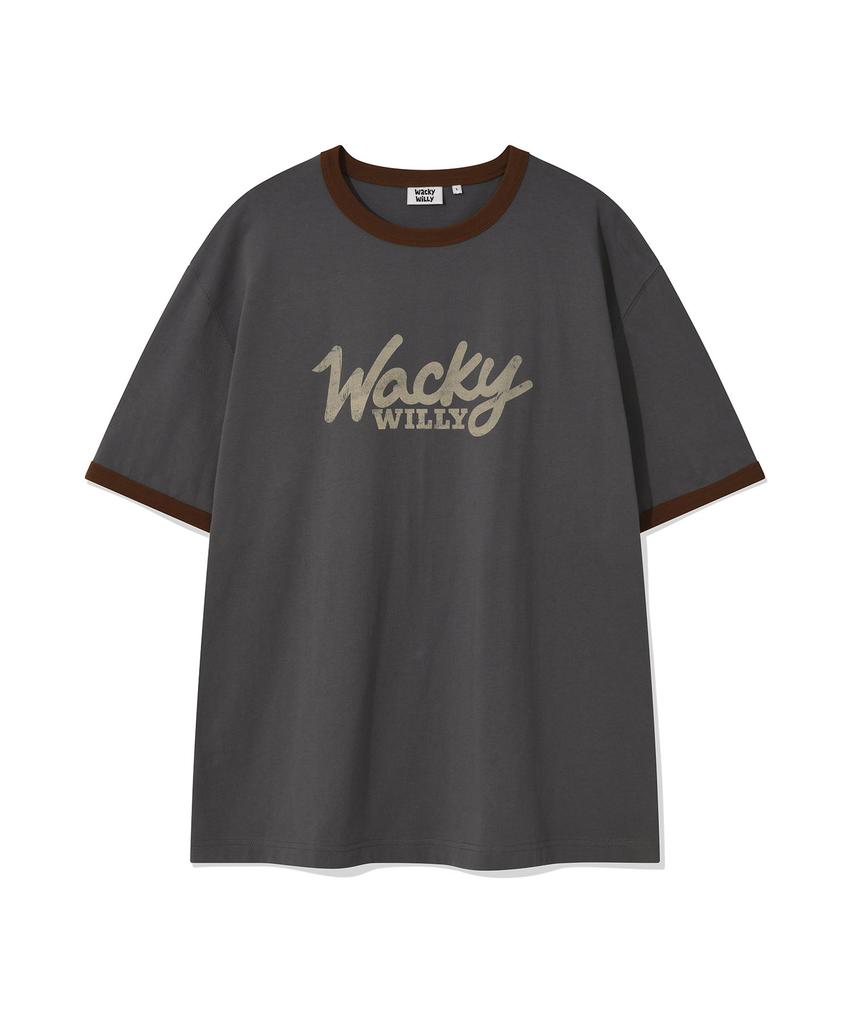 WACKY WILLY Typo Ringer Short Sleeve T-Shirt Charcoal