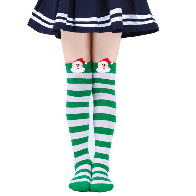 Cartoon Santa Christmas Stockings for 6-10Y Children Over the Knee Socks for Little Girls Unisex Winter Striped Socks