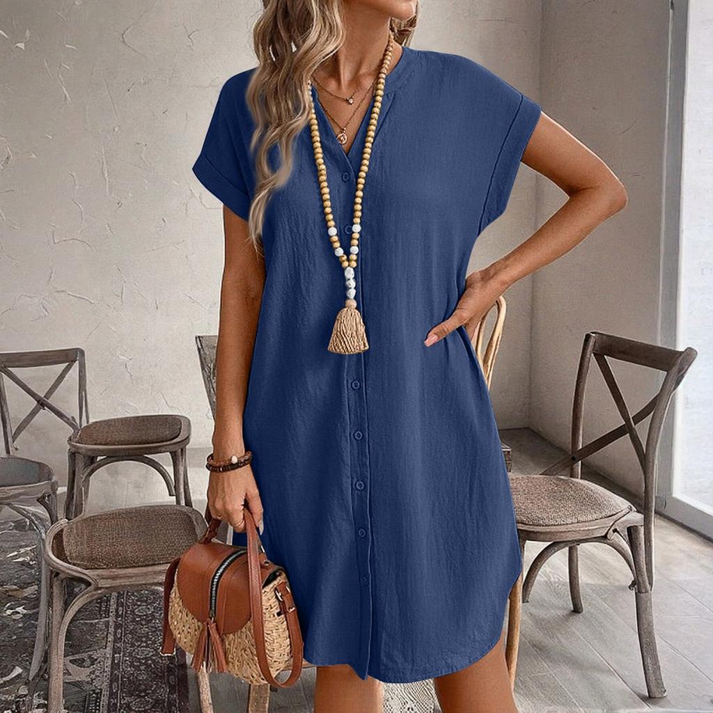 Ladies' Loose And Comfortable Summer Color Cotton Linen V-neck Button Up Dress