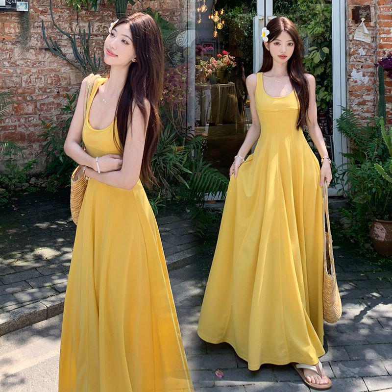 

Retro Yellow A-line Square Neck Dress with Spaghetti Straps - Plus Size Waist-cinching Summer Tea Dress L [50-60 kg] жовтий