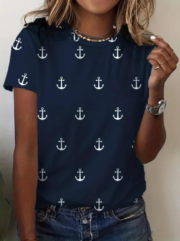 T-Shirt im neuen Stil für Frauen mit Anker-Print, Sommer-Übergröße, T-Shirts für Damenbekleidung, O-Ausschnitt, Damenmode, Übergröße