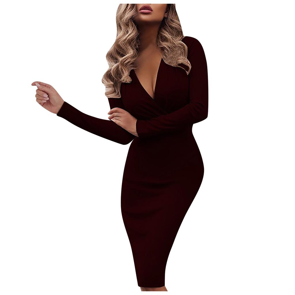 Ladies Fashion Long Sleeve V-neck Color Split Hip Packing Tight Dress