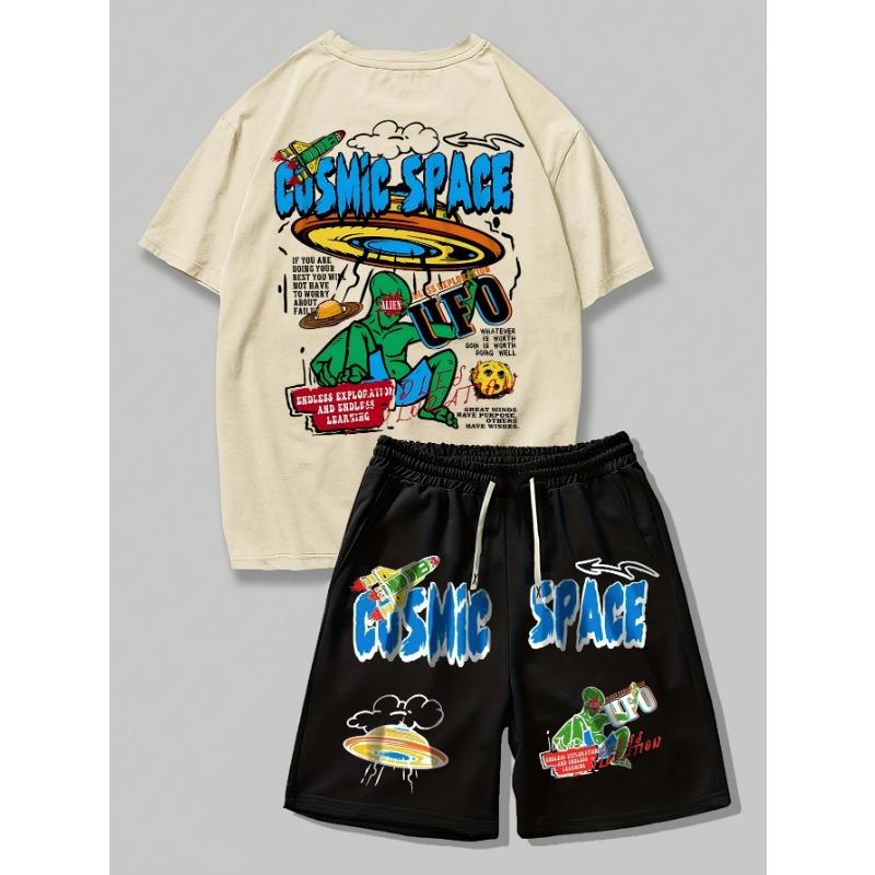 Men s short-sleeved T-shirt and shorts set with earth graphic lettering print S