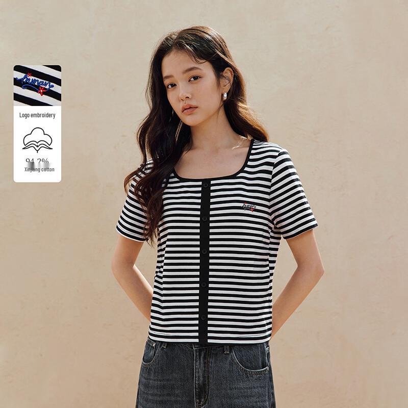 INMAN Women s Retro Striped Embroidered Short Sleeve T-Shirt XL