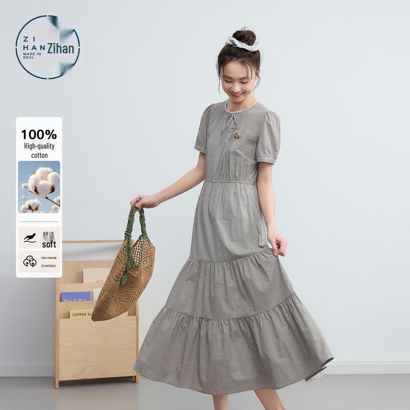 ZIHAN Women s Grey Plaid Cotton A-Line Tiered Dress L