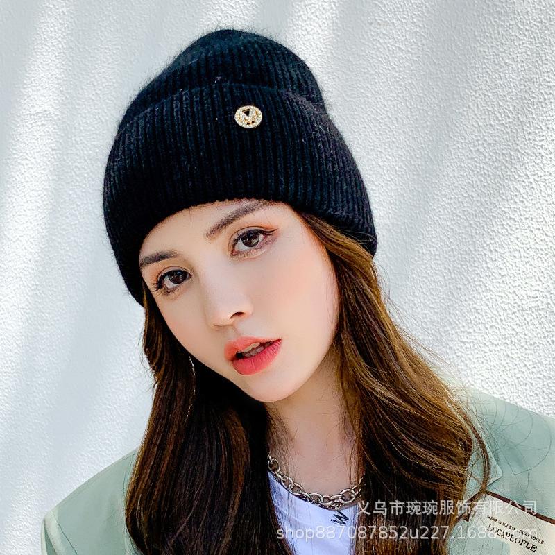 Fashion rabbit fur wool hat women's fashion rhinestone letter versatile ear protector knitted hat big head circumference shows small face