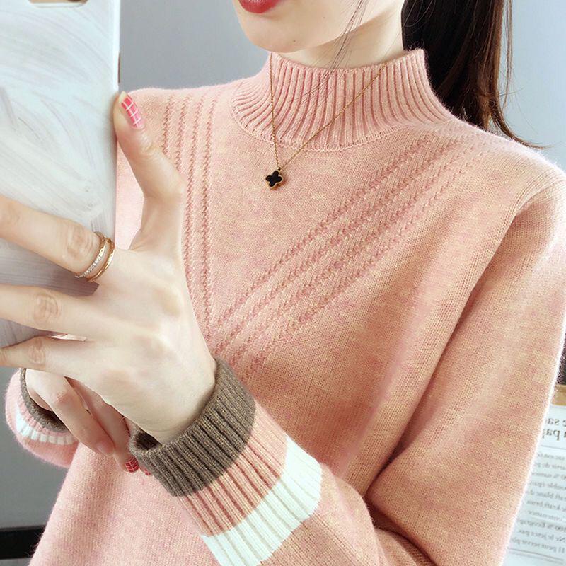 Women's High Neck Sweater Top - 2024 Autumn/Winter Collection, Loose Fit, Knitted Base Layer.